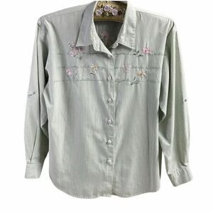 Napa Valley Petites Embroidered Floral Stripe Button Front Blouse Cottagecore